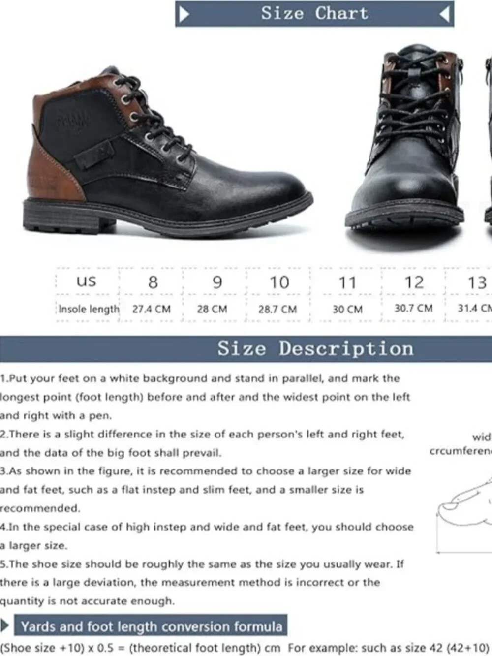 Men's Black Faux Leather Mid Top Lace-Up Side Zipper Casual Oxford Dress Boots